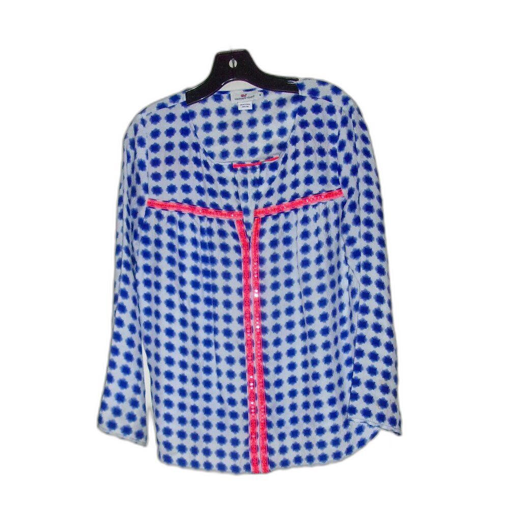 Vineyard Vines Silk Top White Blue Pink Polka Dots Sz. M 3/4 Sleeve Women